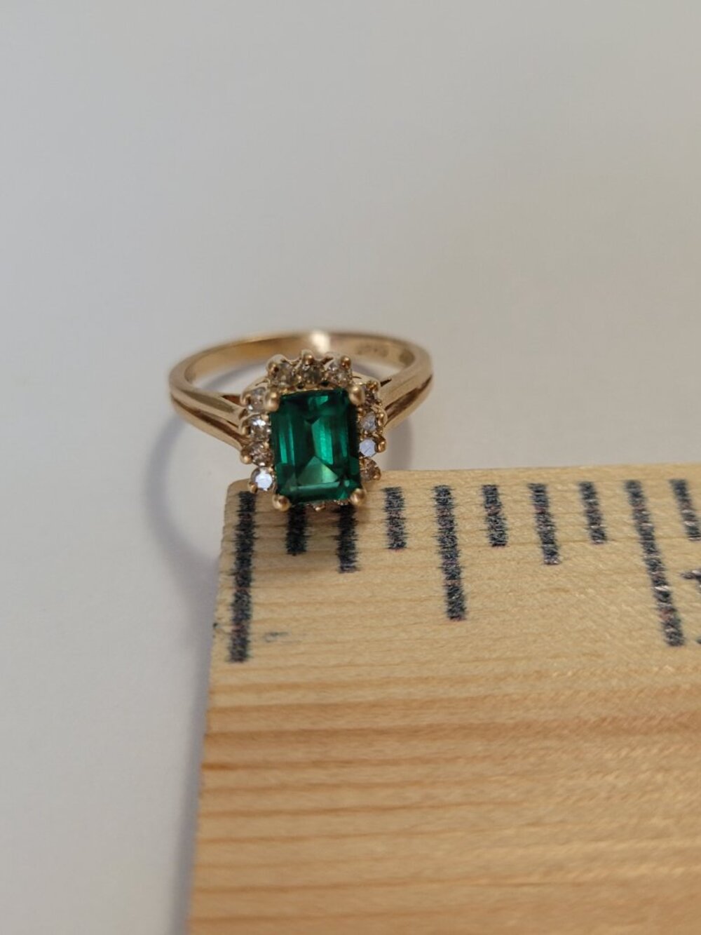 Emerald Diamond 14k Gold Vintage Ring Chatham 14 Diamonds 1980's May Birthstone - Picture 14 of 15